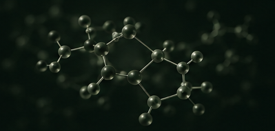 A molecular structure rendered in soft green, bonds and spheres against darkness.