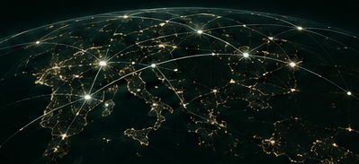 A globe threaded with lit arcs between population centres.