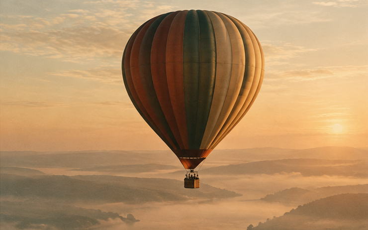 A hot air balloon over a misty valley at sunrise.