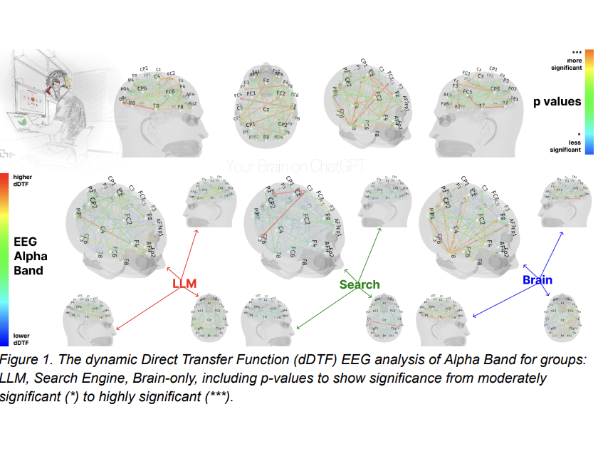Figure 1 of the paper: dDTF EEG alpha-band connectivity for the LLM, search engine and brain-only groups.